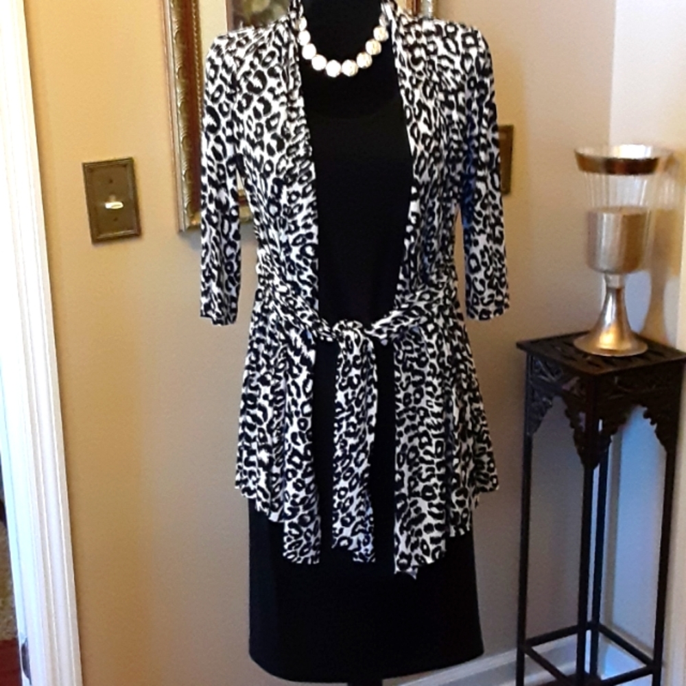 R&M Richards black white animal print half sleeve jacket dress 2fer 1pc 8 EUC…